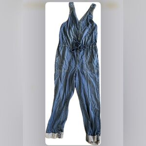 Soft Denim Sleeveless Jumpsuit, Eyelet Detail, adjustable straps and Tie Waist